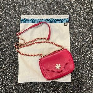 Tory Burch red leather crossbody with gold chain strap